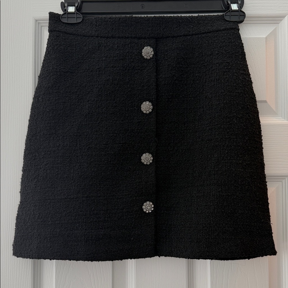Divided Black Textured Mini Skirt with Button Detail